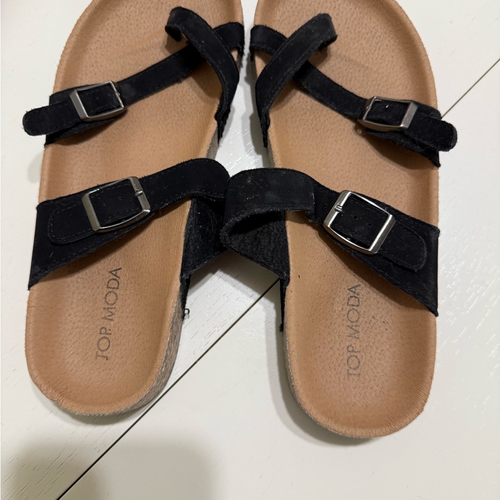 TOP Moda Black Double Buckle Slide Sandals